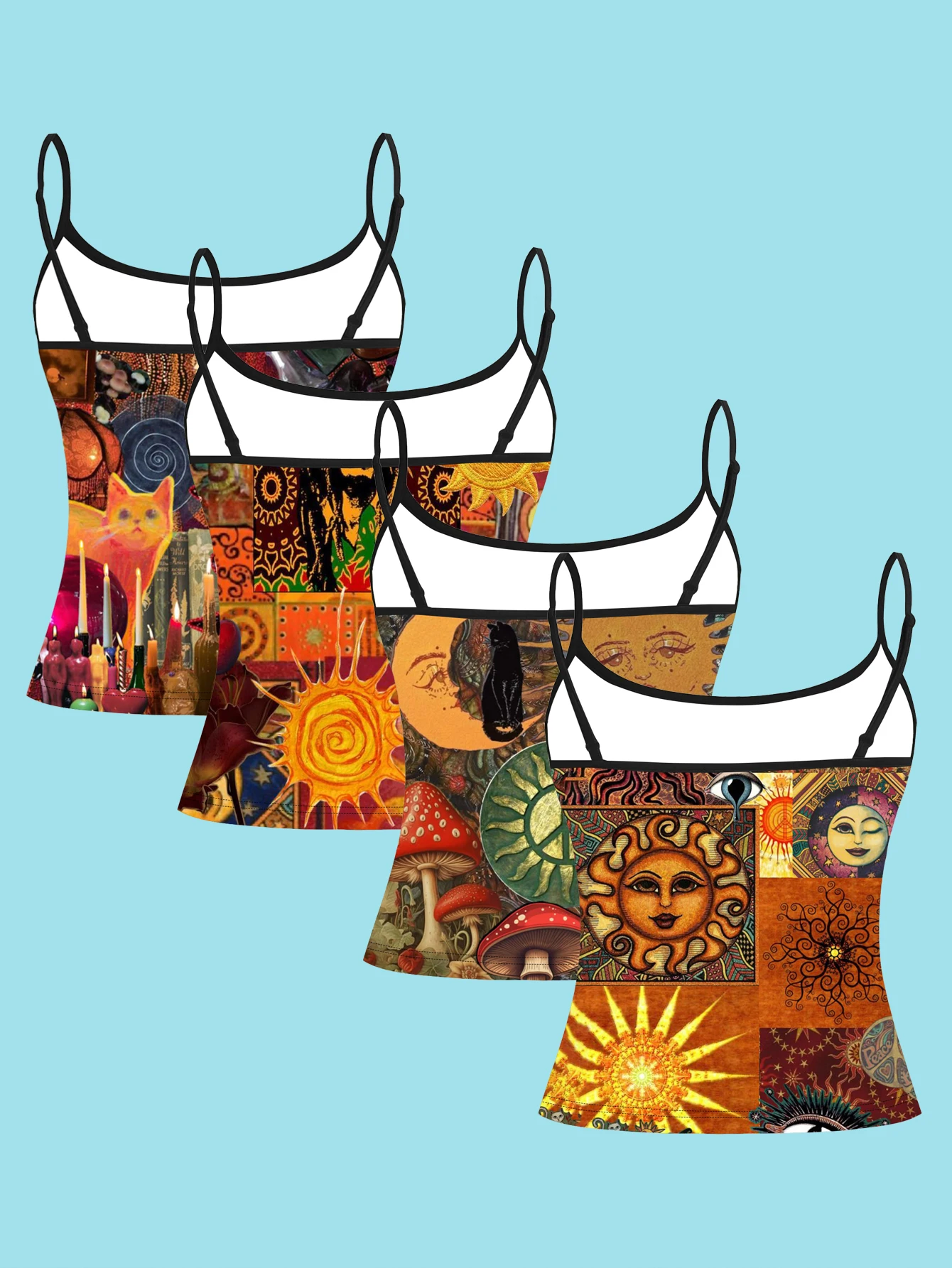 4-Piece Set of Vintage Bohemian Patchwork Print Camisoles for Women, Featuring Sun, Moon, Black Cat, Mushroom, and Cat Art, Slim-Fit Spaghetti Strap Tops