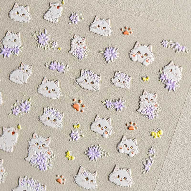 Noble Cute Pure White Cat Claw Wisteria Lovely Kitty Girl 3D Soft Embossed Relief Self Adhesive Nail Art Sticker Manicure Decals