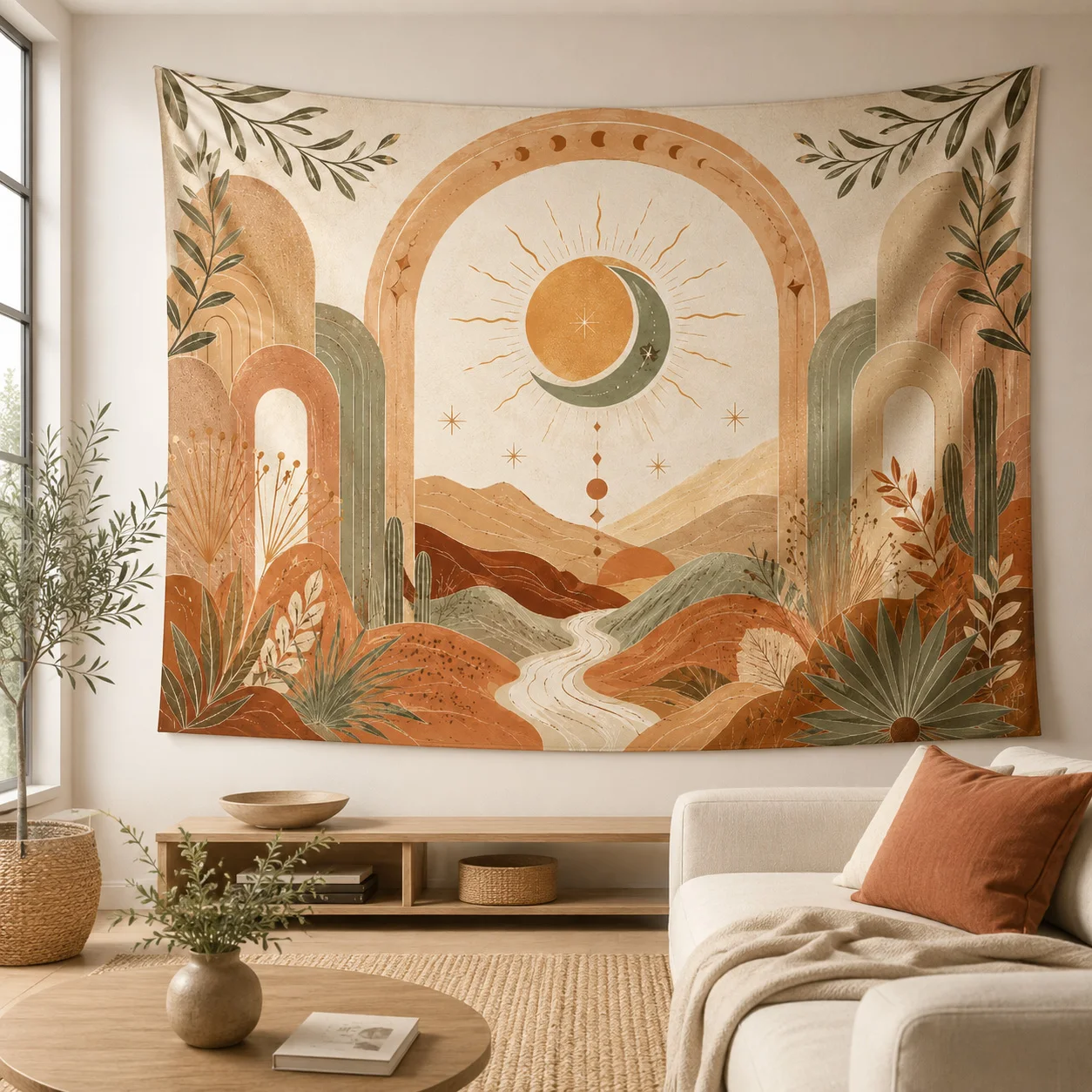 Neutral Boho Sun Moon Mountain Wall Tapestry Earth Tone Cactus Landscape Wall Art Aesthetic Bedroom