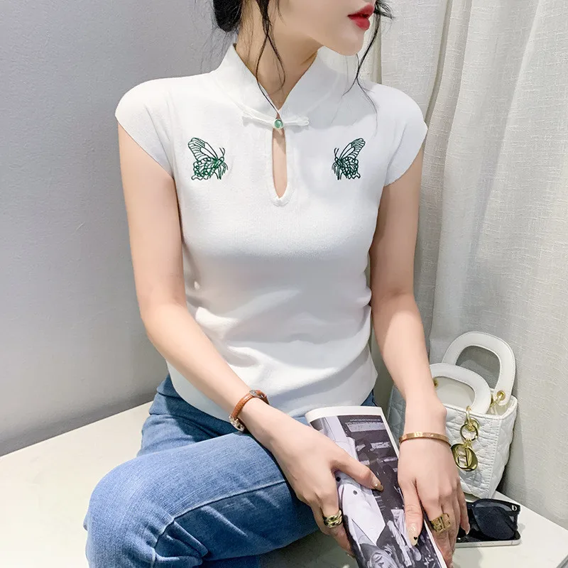 Ready Stock Retro T-shirt Women Summer Butterfly Embroidery Buckle Short Sleeve Knitted Top Tee