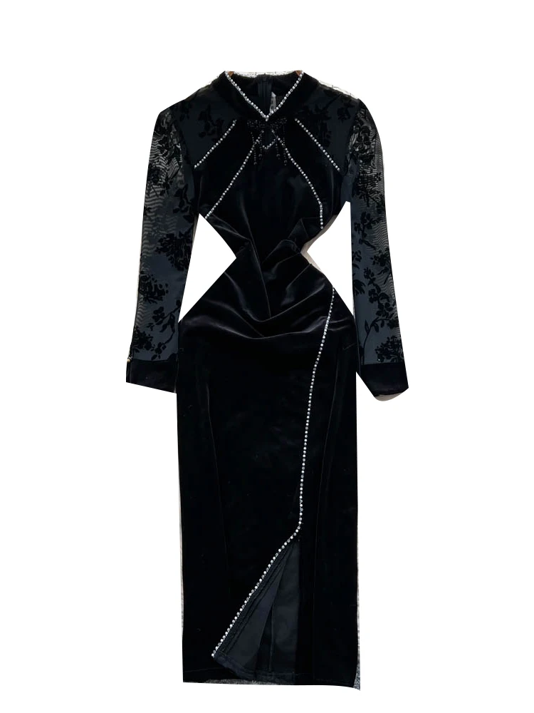 Faionable Chinese Sle Damen Dr Velvet Long Sve Stehkragen Patchwork Abendkleid Ci Pendeln Hohe Taille A-Linie...