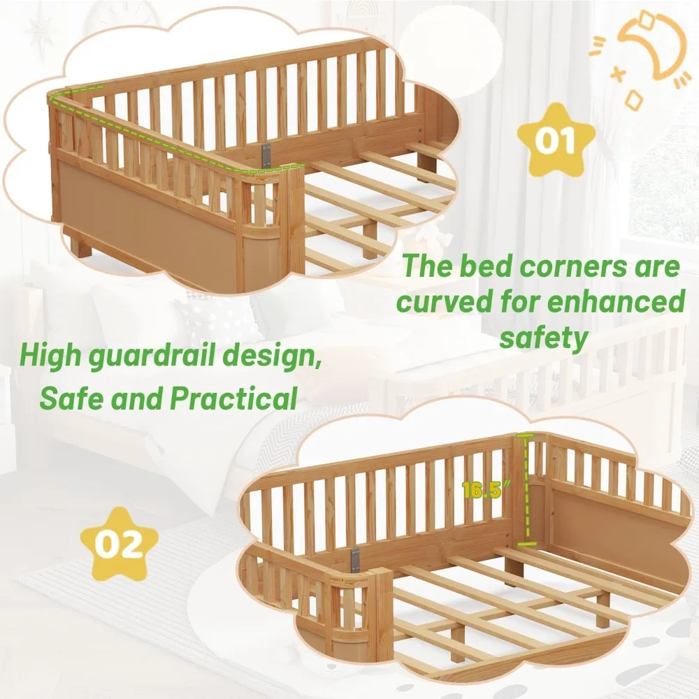 Estrutura de cama infantil de tamanho duplo, cama de solteiro montessori de baixo perfil com trilhos, sofá de madeira para meninas e meninos, sem necessidade de caixa de mola,