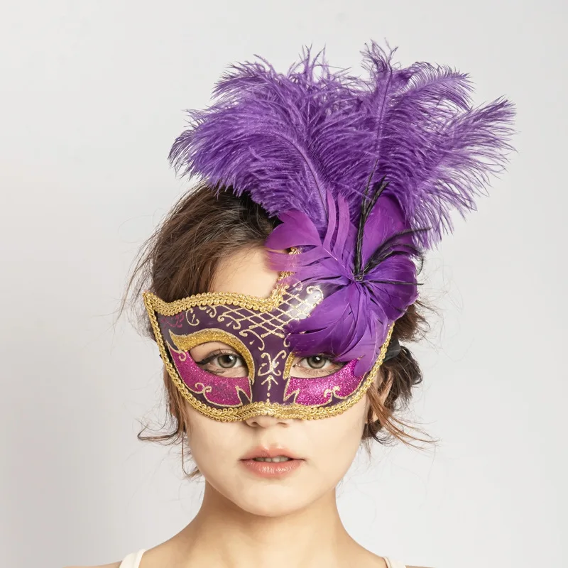 

Venetian Feather Mask Half Face With Stick Lace Masquerade Ball Party Carnival Cosplay Costume For Women Girls​​