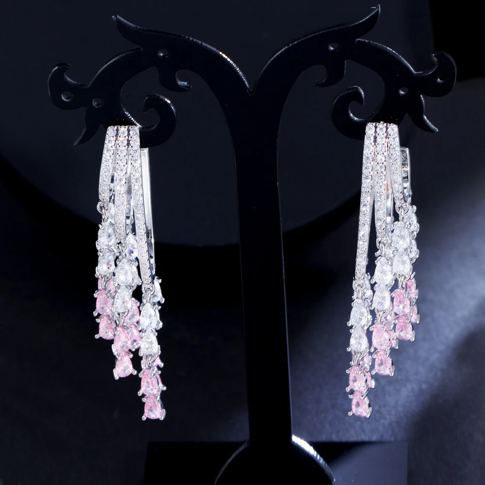 CWWZircons Creative Design Bling Cluster Pink Cubic Zirconia Dangle Tassel Drop Long Earrings for Women Festive Party Gift CZ489