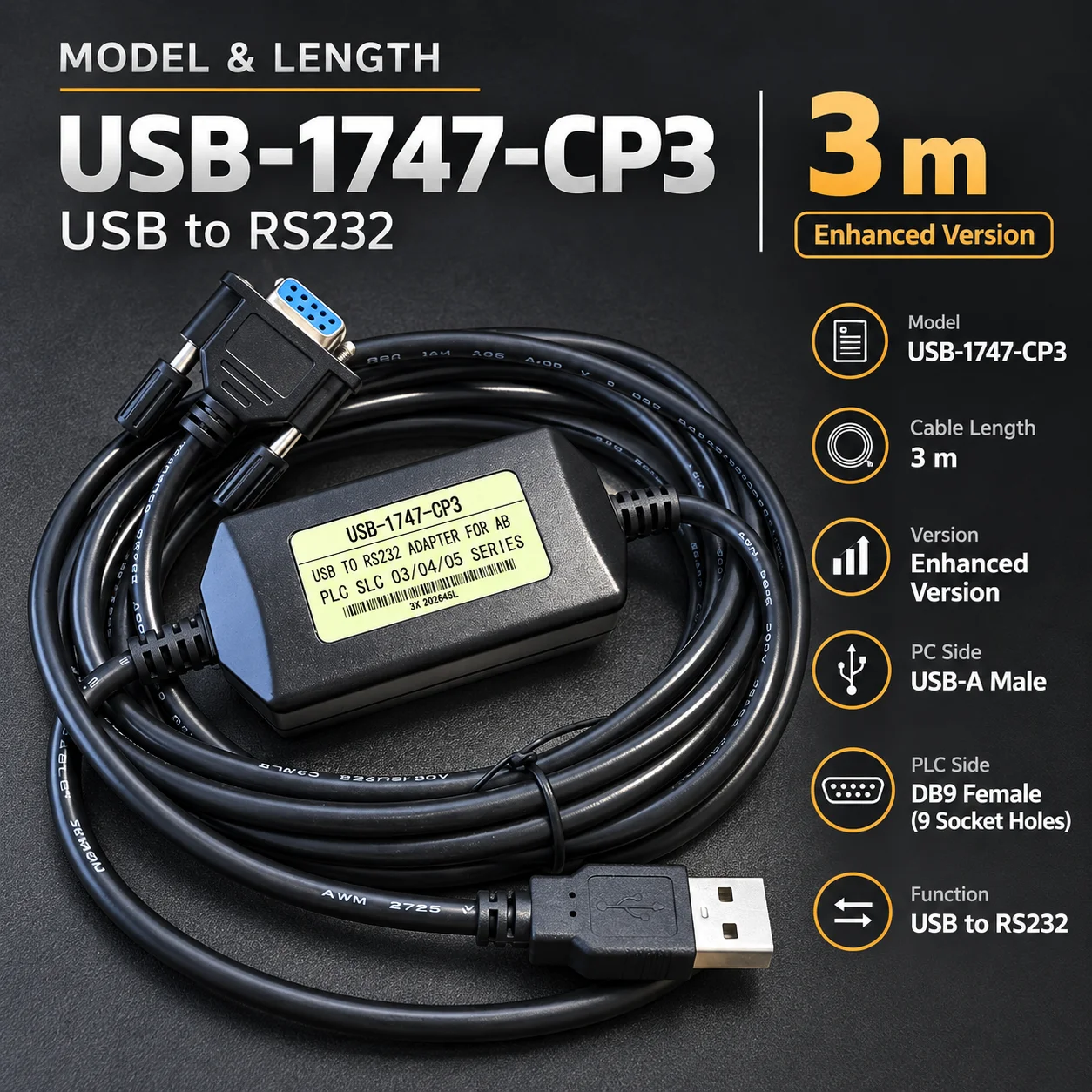 USB-1747-CP3 USB to DB9 Female Programming Cable 3M for AB SLC 5/03 5/04 5/05 PLC Data Transfer Maintenance