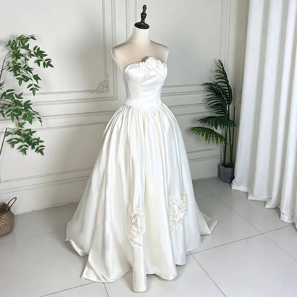Strapless 3D Handmade Flowers Bridal Ballgowns Customized Real Photos Ivory Satin Lacing Elegant Puffy Brush Train Wedding Dress