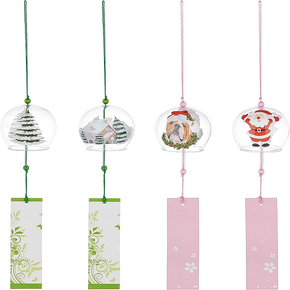 4Pcs 4 Style Wind Chimes Christmas Theme Glass Wind Bells Pendant for Home Garden Wedding Indoor Outdoor Decoration