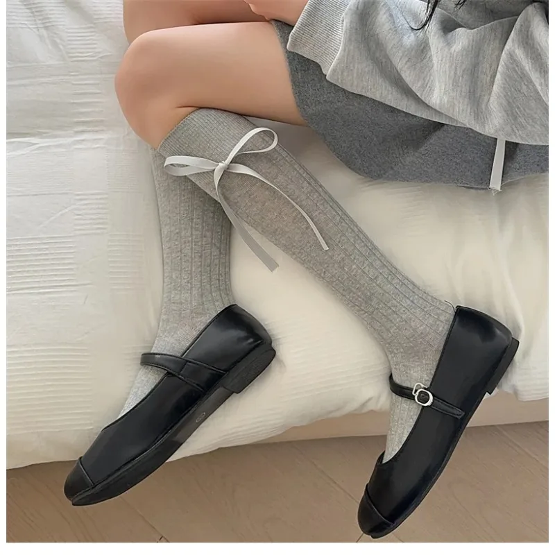 

Long Women's Socks High Quality Solid Color Bow Sweet Knee High Socks Femme Brew Thin Soft Cute Ladies Stockings Striped Comfy