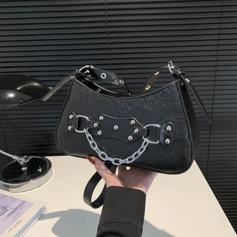 Bolsa de Ombro PU com Correntes Fivela Rebite para Mulheres, Bolsa Crossbody, Zíper, Alta Qualidade, Moda, Venda Quente, 2024