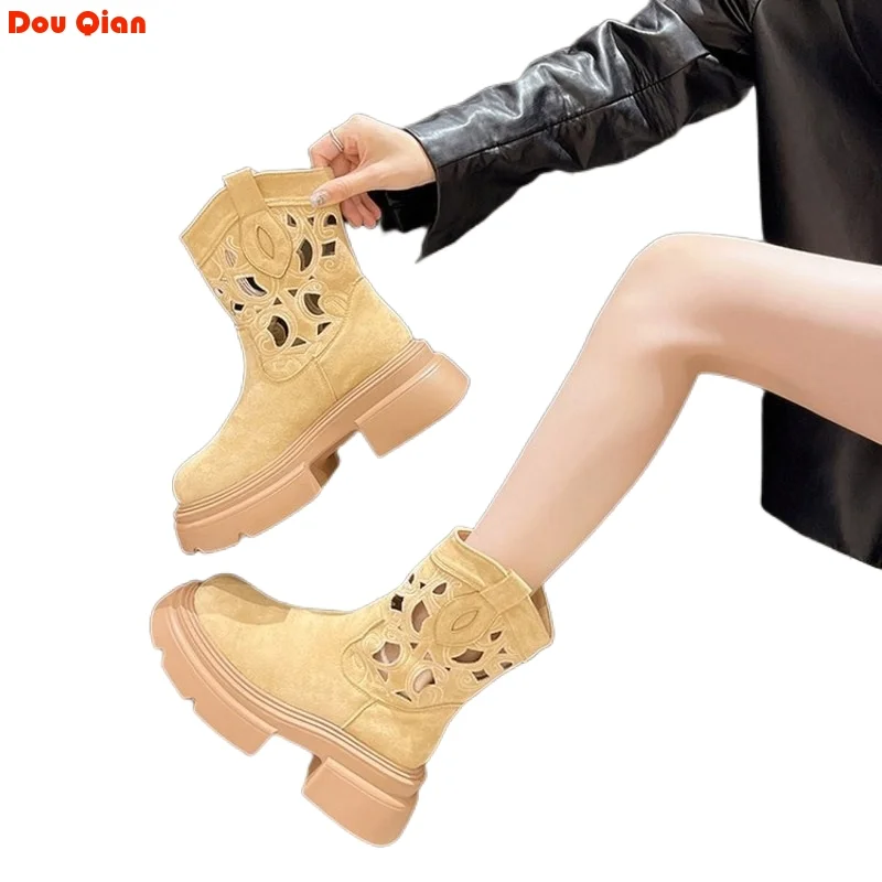 

Cutout Platform Martin Snow Women Autumn Boots 2024 Summer New Retro Western Cowboy Ladies Ankle Small Heel Cool Female Shoes