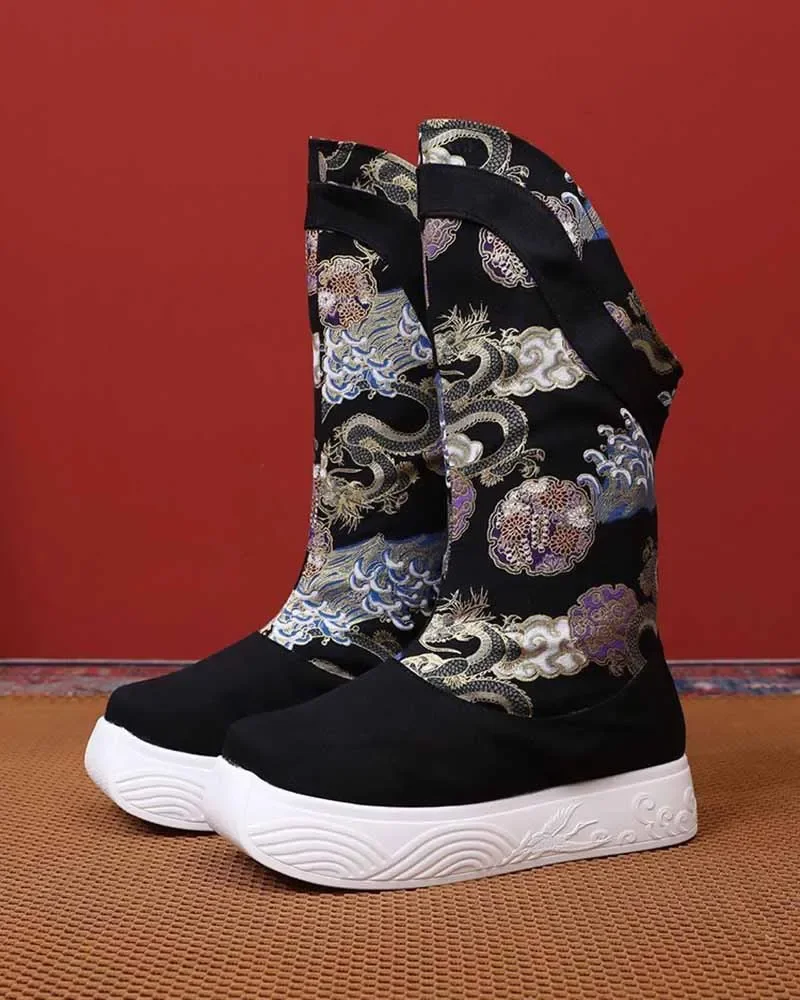 

2024 Autumn Hanfu Soap Boots Men Chinese Vintage Canvas Thick-soled Heightened Sole 4-4.5CM High Heels Hanfu Boots Shoes Women