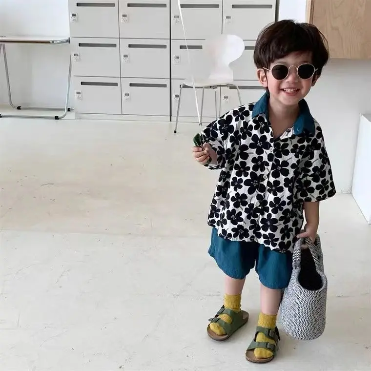 Children Clothing 2023 New Fashionable Flower Suit Baby Short Sleeve Shirt Shorts Handsome Retro Casual Shorts Two Piece Set