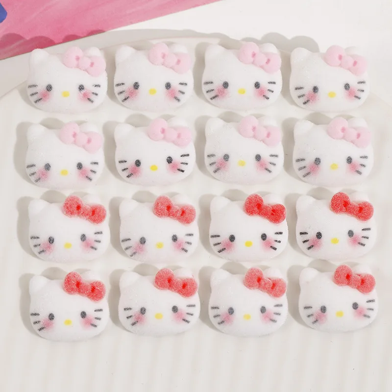 5pcs New Year's Flocking Red Bow Pink Cat Head Resin flatback Phone Case Hair Clip DIY Jewelry Accessories