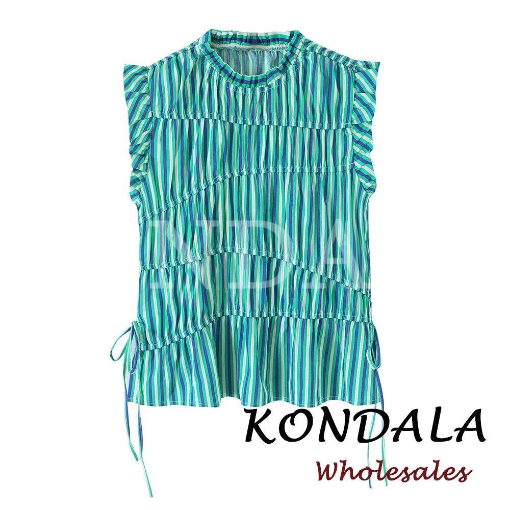 KONDALA Chic Elegant Green Striped Beach Fashion 2026 Fall Woman Tops Holiday Y2K Pleated Lace-up Modern Streetwear Mujer Vests