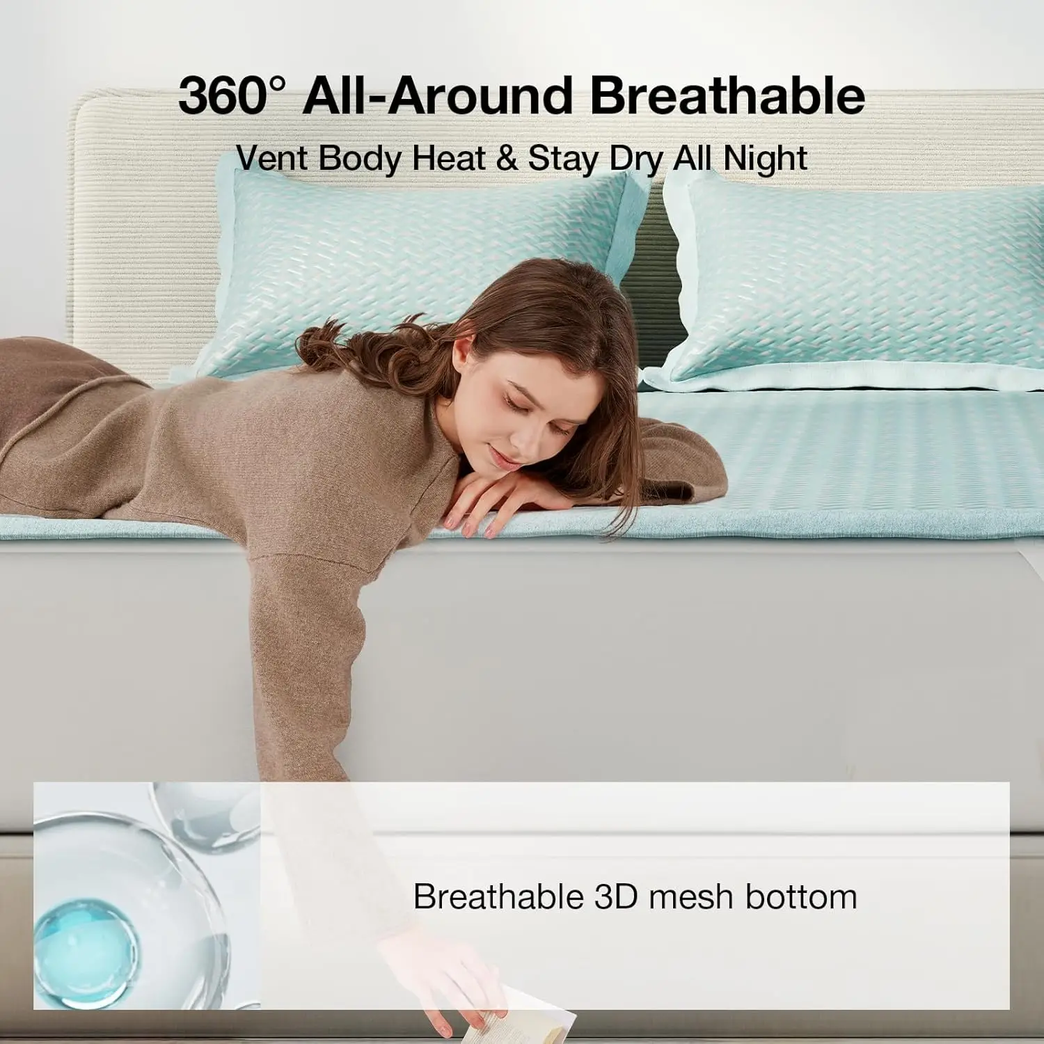 وسادة مرتبة كوين كولينج مع كيس وسادة، جزء علوي صيفي مسامي للأسرّة مقاس 8-21 بوصة، قابل للغسل وخفيف الوزن باللون الأزرق