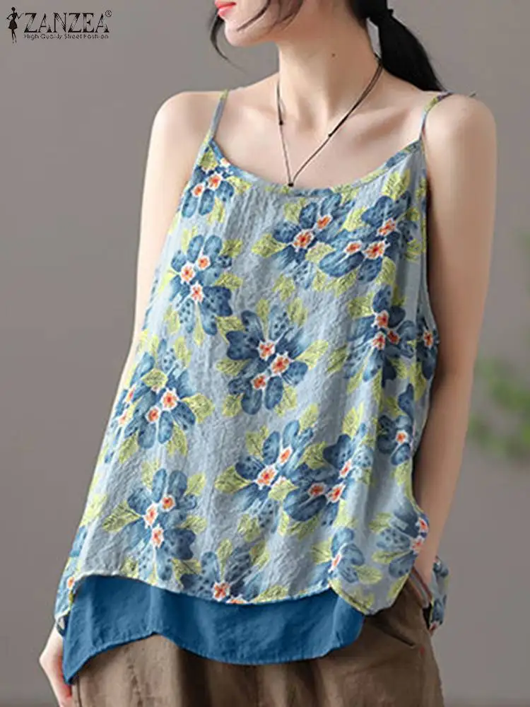 2024 ZANZEA Summer Bohemian Floral Printed Tank Tops Women Vintage Beach Camis Casual Spaghetti Strap Patchwork Blouse Blusas