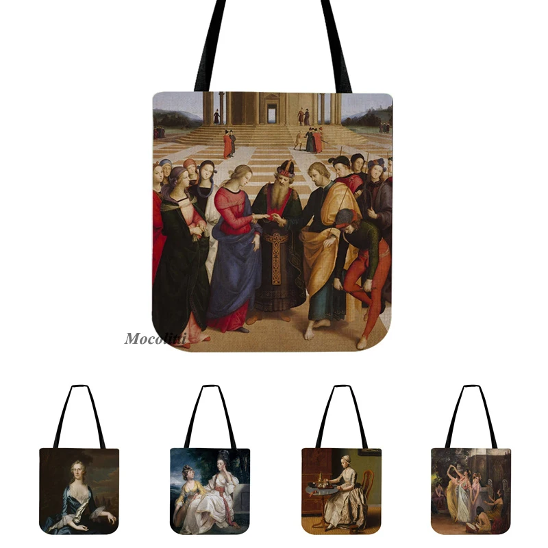 

Renaissance Classic Oil Painting Art Style Lady Shopper Tote Bag Countess Portrait Shoulder Bag Linen Water Resistant Handbag