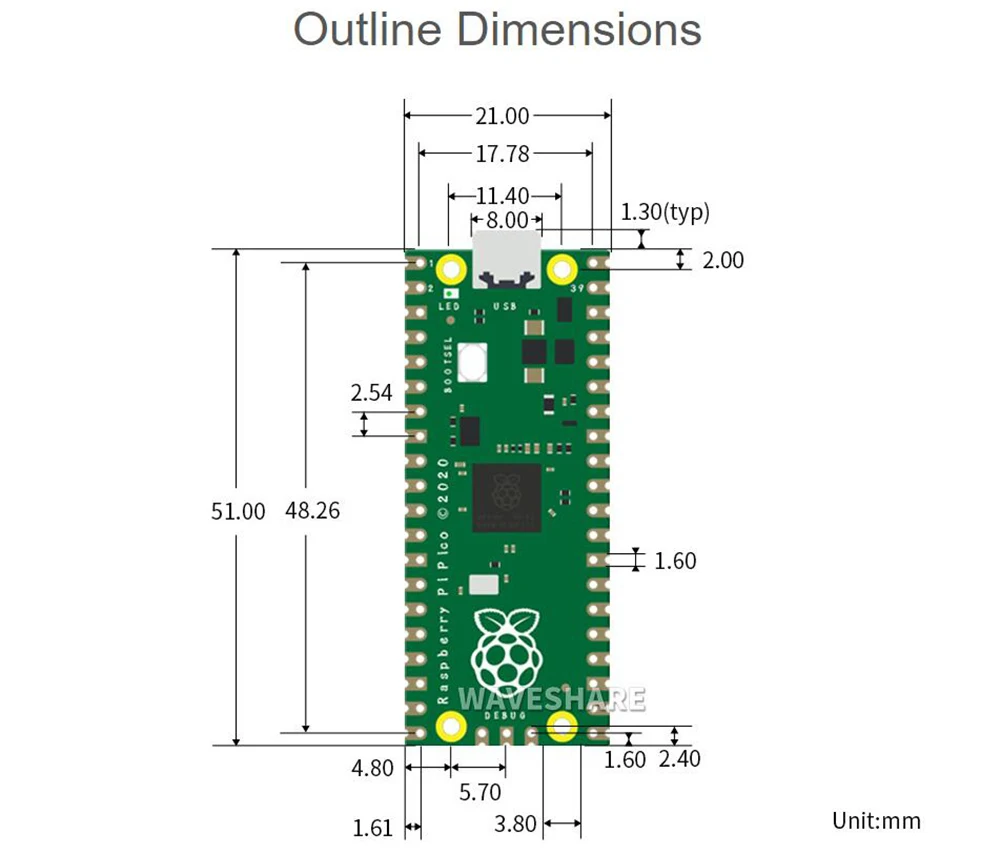 5PCS Raspberry Pi Pico Flexible Microcontroller Mini Development Board Based on Raspberry Pi RP2040 264KB SRAM 2MB Flash