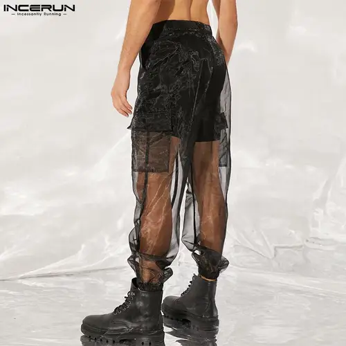 Imagen 2 del producto INCERUN-Pantalones de malla con botones para Hombre, calzas de Color liso, sexys, transparentes, transpirables, informales, con bolsillos, para vacaciones, 2024