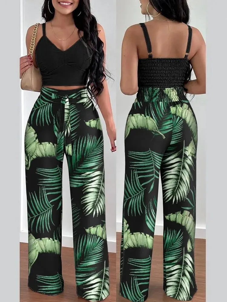 Fashion Women Print Halter V-Neck Short Tank Suit Tops Long Pants Matching Set Summer Casual Female Slim Pants Two Piece Sets