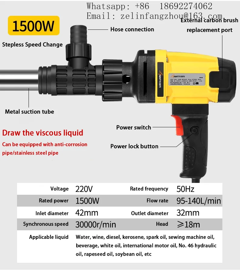 Cavitt 1500W High Temperature Stainless Steel Barrel Drum Pump Portable Electric AC 220V High Viscosity Transfer Pump