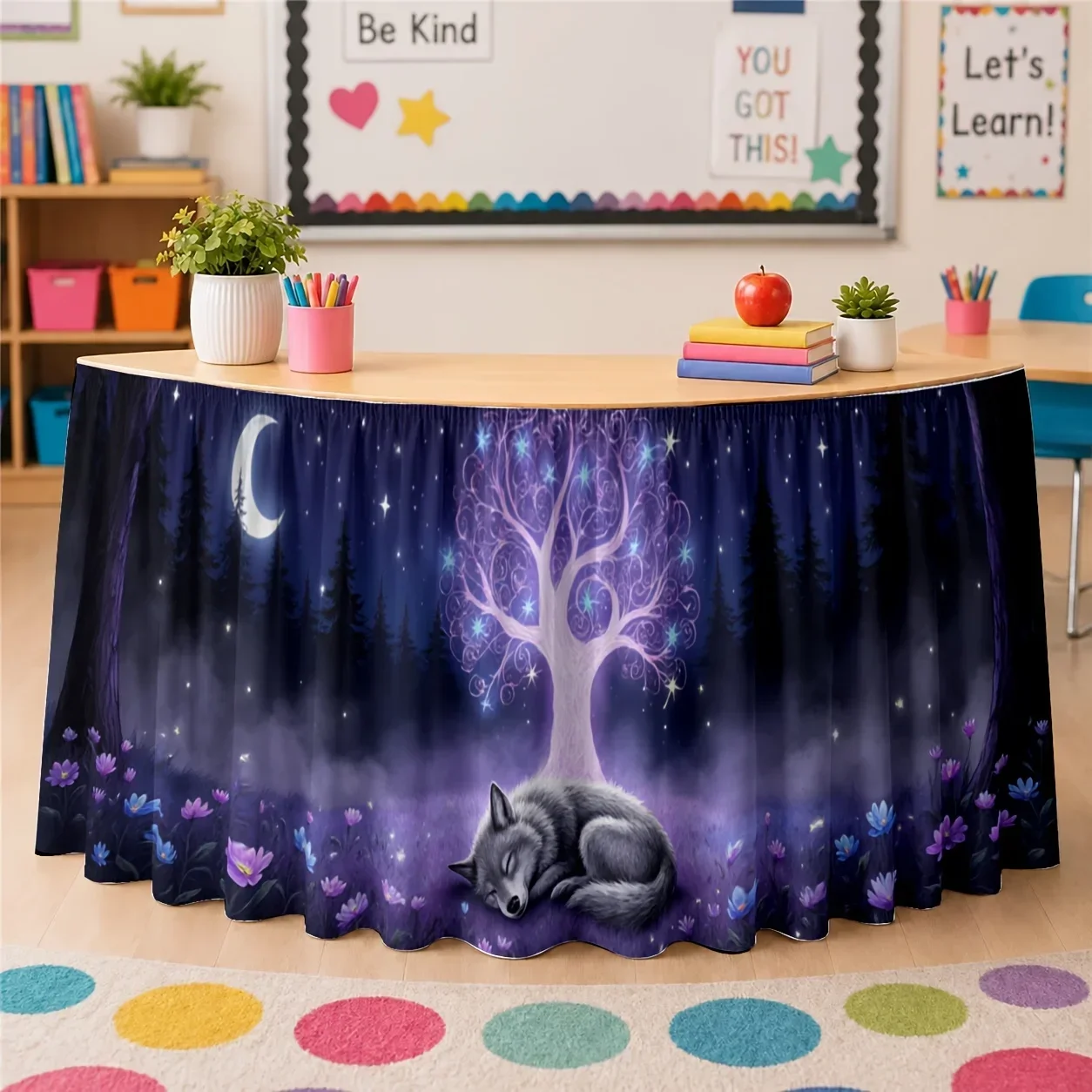 1 piece: The mysterious tree of life and the sleeping wolf beneath the crescent moon, surrounded by purple flowers and starsxzj