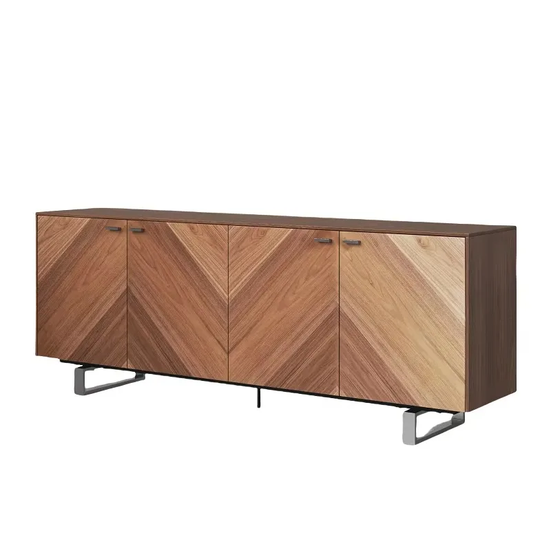 

Plywood walnut veneer sideboard, modern luxury living room stainless steel TV stand restaurant storage console table