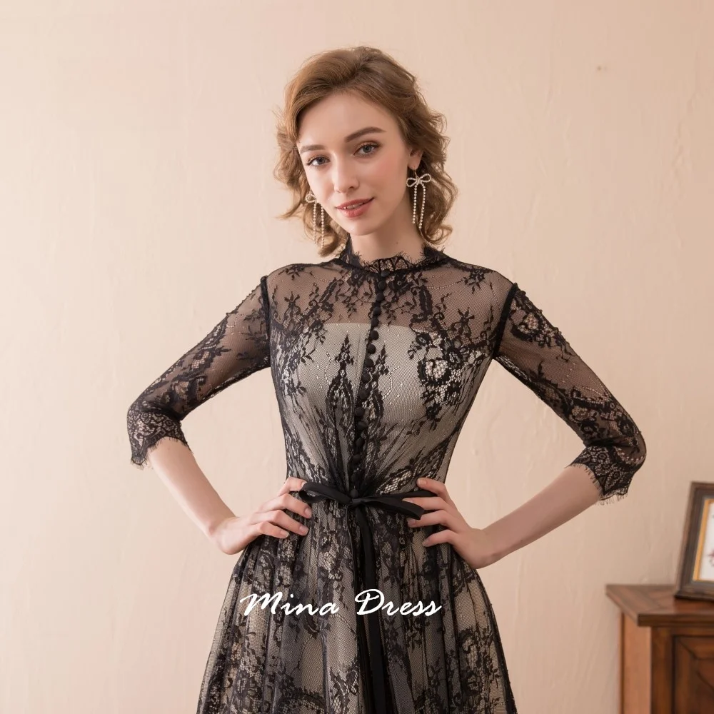 Mina Maßgeschneidertes, elegantes, halbtransparentes Spitzen-Abendkleid mit Rundhalsausschnitt, Dreiviertelärmeln, bodenlanger Schleppe, formelles Ba – Detail 8
