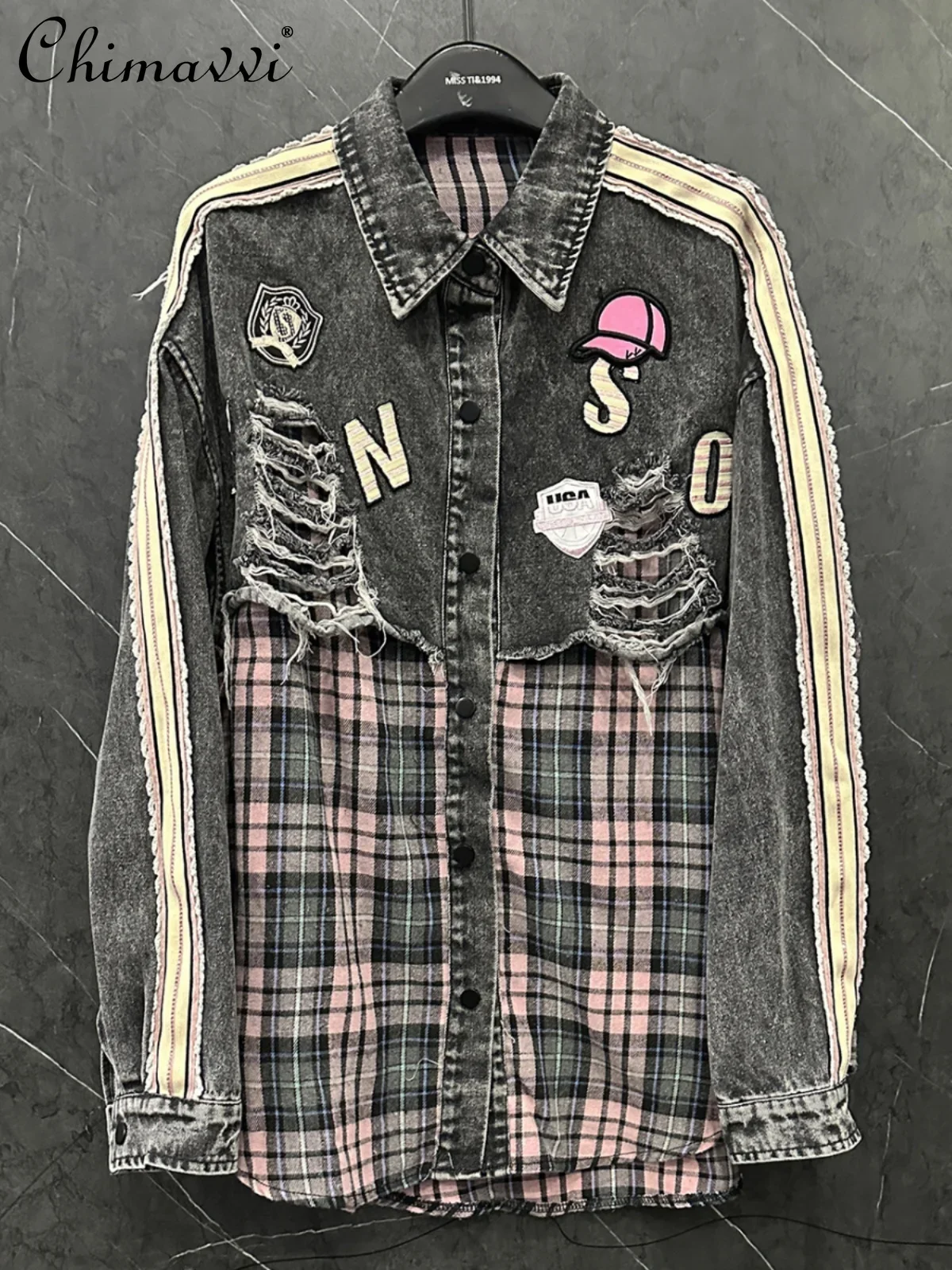 2025 Spring Clothes New Fashion Denim Splicing Plaid Shirt Jacket Women's Loose Fashion Versatile Outerwear Blouse Tops