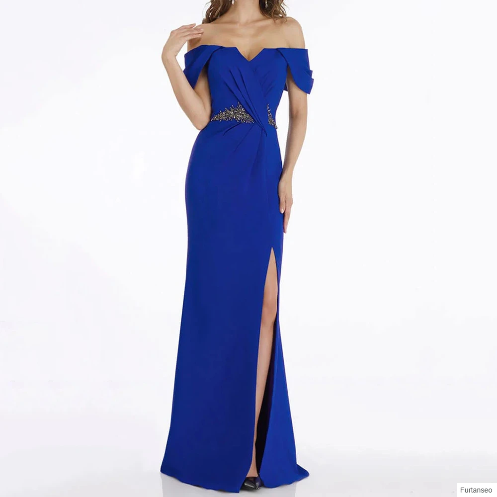 

A-line Women's Evening Dresses Floor-length Off The Shoulder Sleeveless Prom Gown Fashion Crystal Simple Pleat Customized Gowns