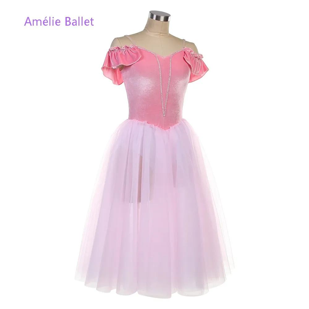 25128 새로운 발레 의상 오프 숄더 핑크 벨벳 로맨틱 롱 발레 의상 무대 공연 댄스 의상 5가지 색상