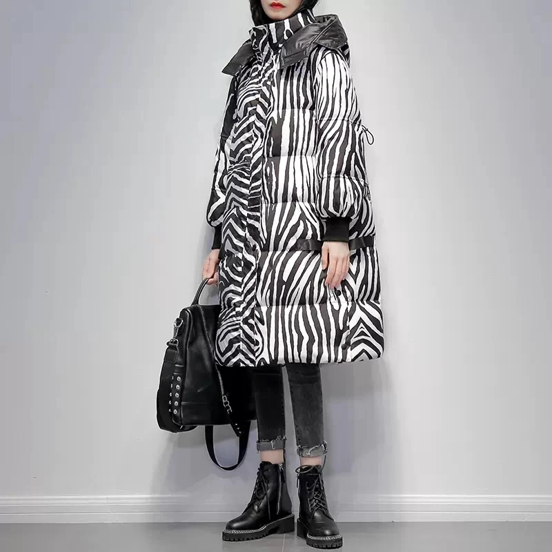 Zebra pattern down jacket for women 2023 winter new Korean hooded fashion loose thicken coat windproof warm parka overcoat