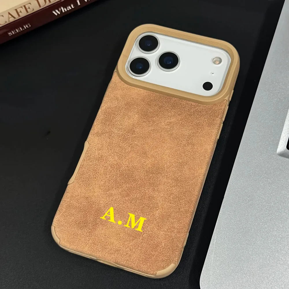 Funda personalizada con texto de letra inicial para iPhone 17 11 12 13 14 15 16 Pro Max Mini SE X XS XR 7 8 Plus, funda de teléfono de piel sintética marrón