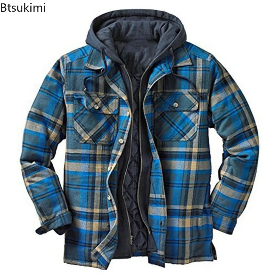 2026 Men's Winter Printed Cotton Jackets Harajuku Plaid Shirts Coats Hooded Zipper Long Sleeve Basic Casual Shirts Jackets Male