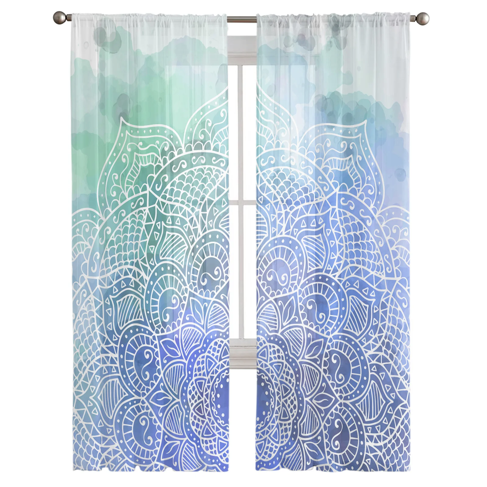 

Blue Ink Bohemian Style Sheer Curtain for Living Room Bedroom Voile Drape Kitchen Window Tulle Curtains Home Essentials