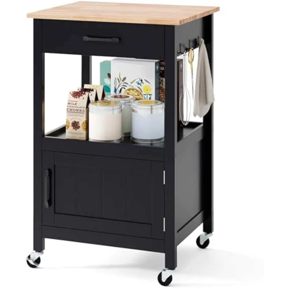 

Kitchen Cart with Storage, Small Kitchen Island on Wheels w/Drawer, 3 Hooks, Rolling Trolley w/Wood Butcher Countertop, Door Ca