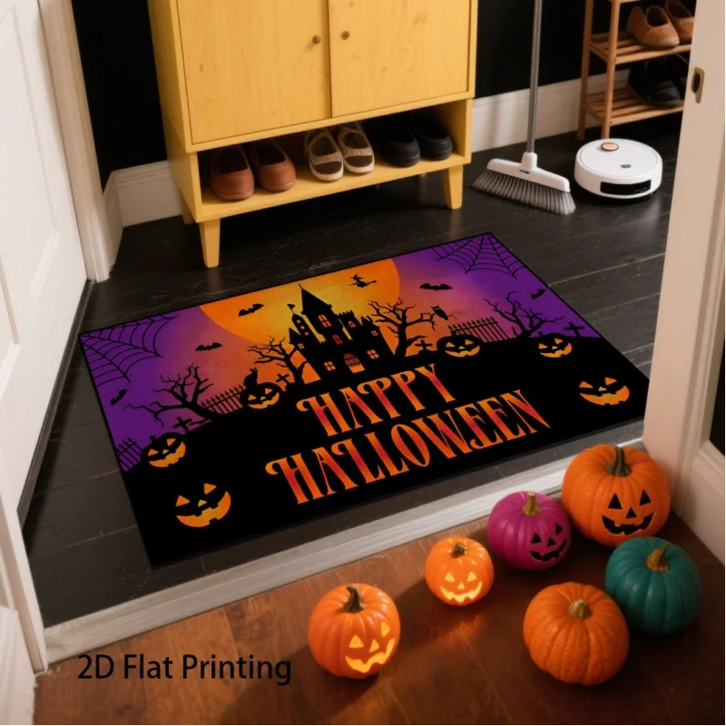 VIKAMA Happy Halloween Doormat Spooky Castle Pumpkin Bat Spider Web Witch Purple Orange Non Slip Absorbent Front Entry Floor Mat