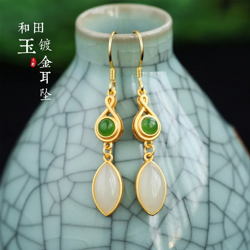 

Серьги из нефрита Хэтянь с сертификатом, в старинном стиле, из серебра 925 пробы с позолотой, с нефритом «лошадиный глаз», для женщин