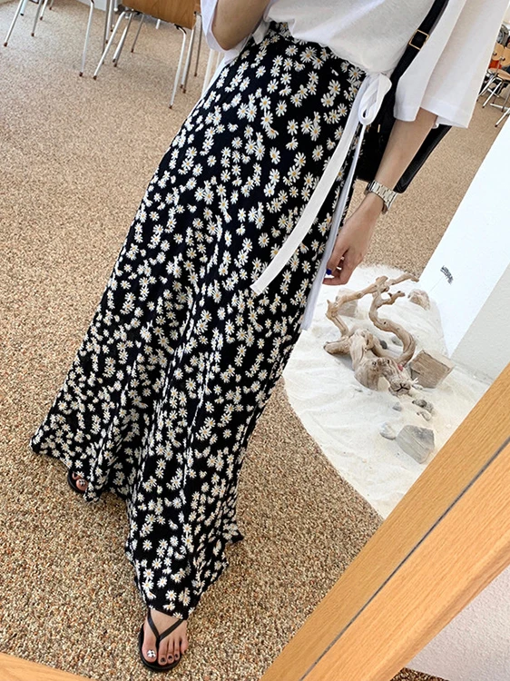 

Dongda New Sle High Waist Side Zipper Elastic Daisy Skirt Korean Autumn Long A-Line Midi Skirt Floor Length Casual Skirt