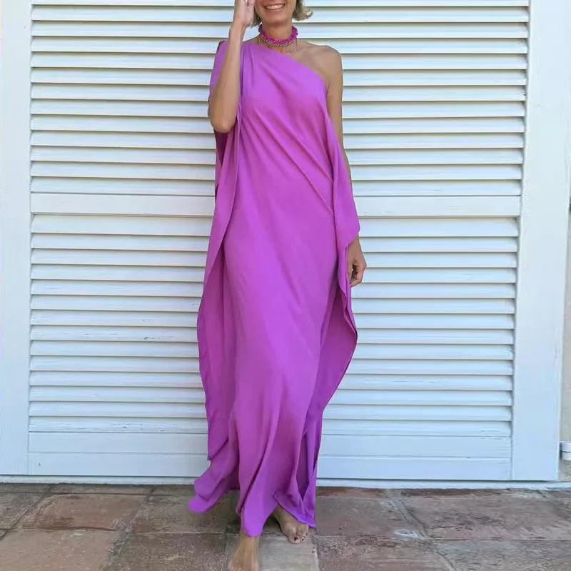 Woman Evening Dresses Elegant Inclined Shoulder Hollow Solid Asymmetric Dress Spring Summer Skew Collar Backless Slit Long Dress