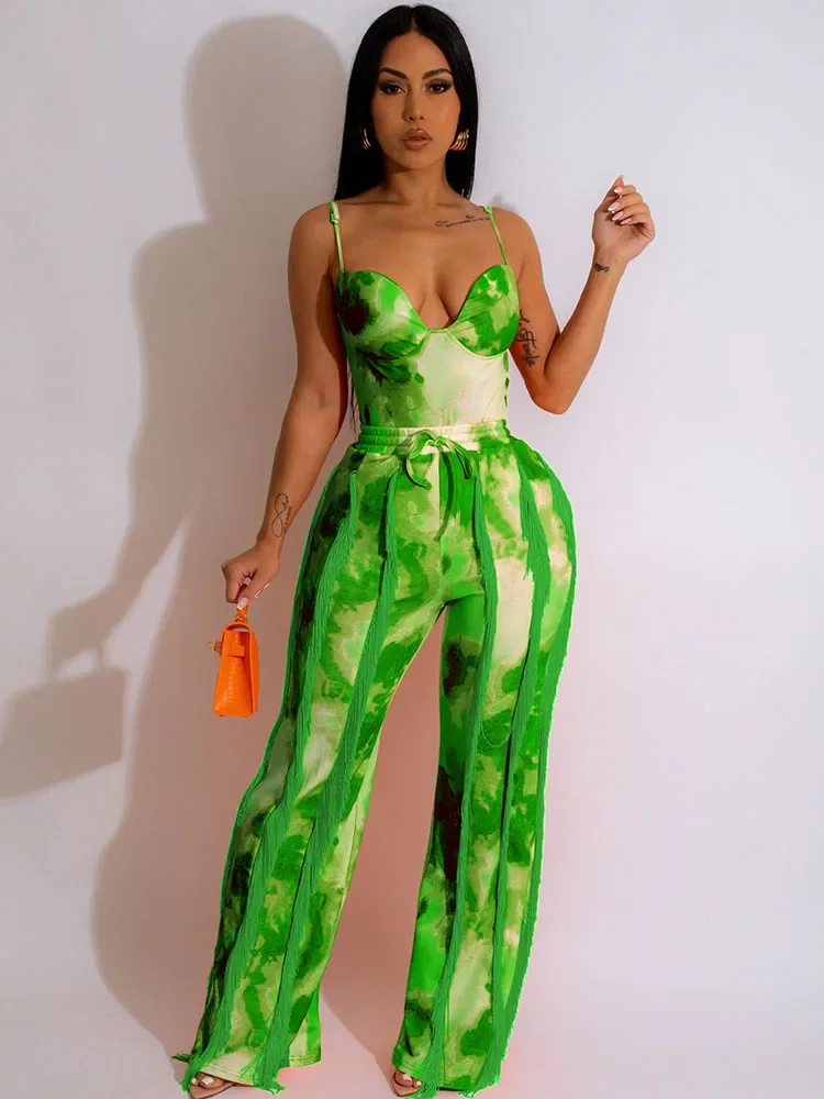 Tie Dye Printing Two Piece Set for Women Pant Sets Festival Outfits Clubwear Bodysuit Top and Fringe Tassel Pants Matching Sets