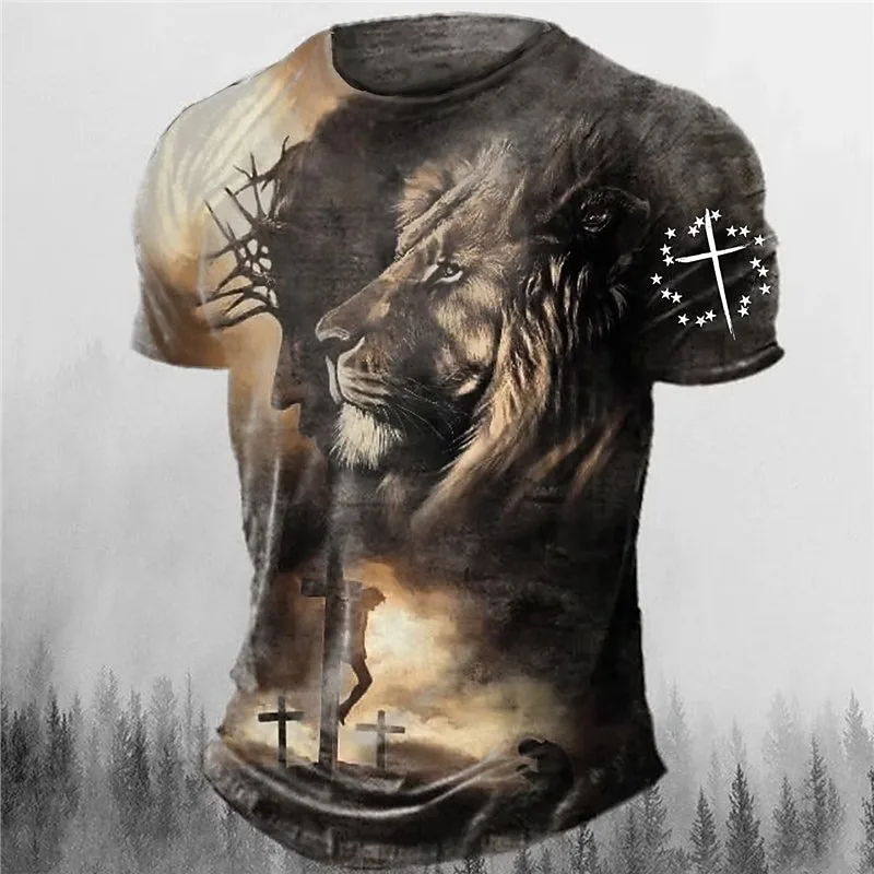 2026 Summer Retro Streetwear Distressed Men's T-Shirt With Lion Print Short-Sleeve Loose-Fit Crew Neck Sports Top