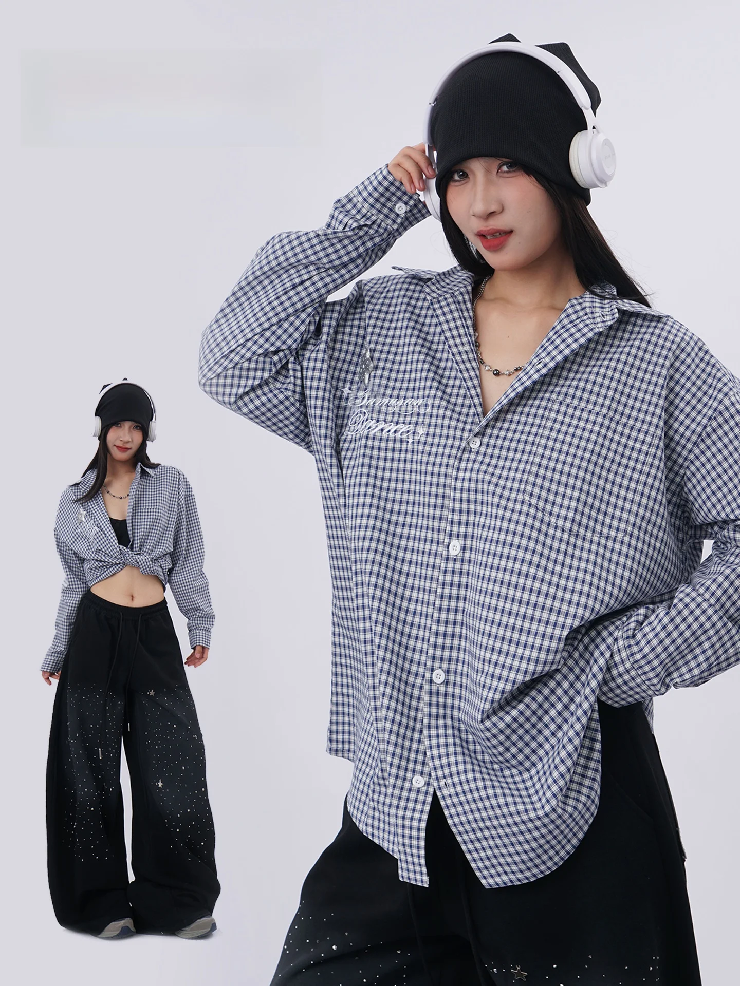 

Blue Plaid irt Jaet Women's Spring Autumn Loose Layering Hip Hop Outerwear Jazz Street Dance Cover up Trendy