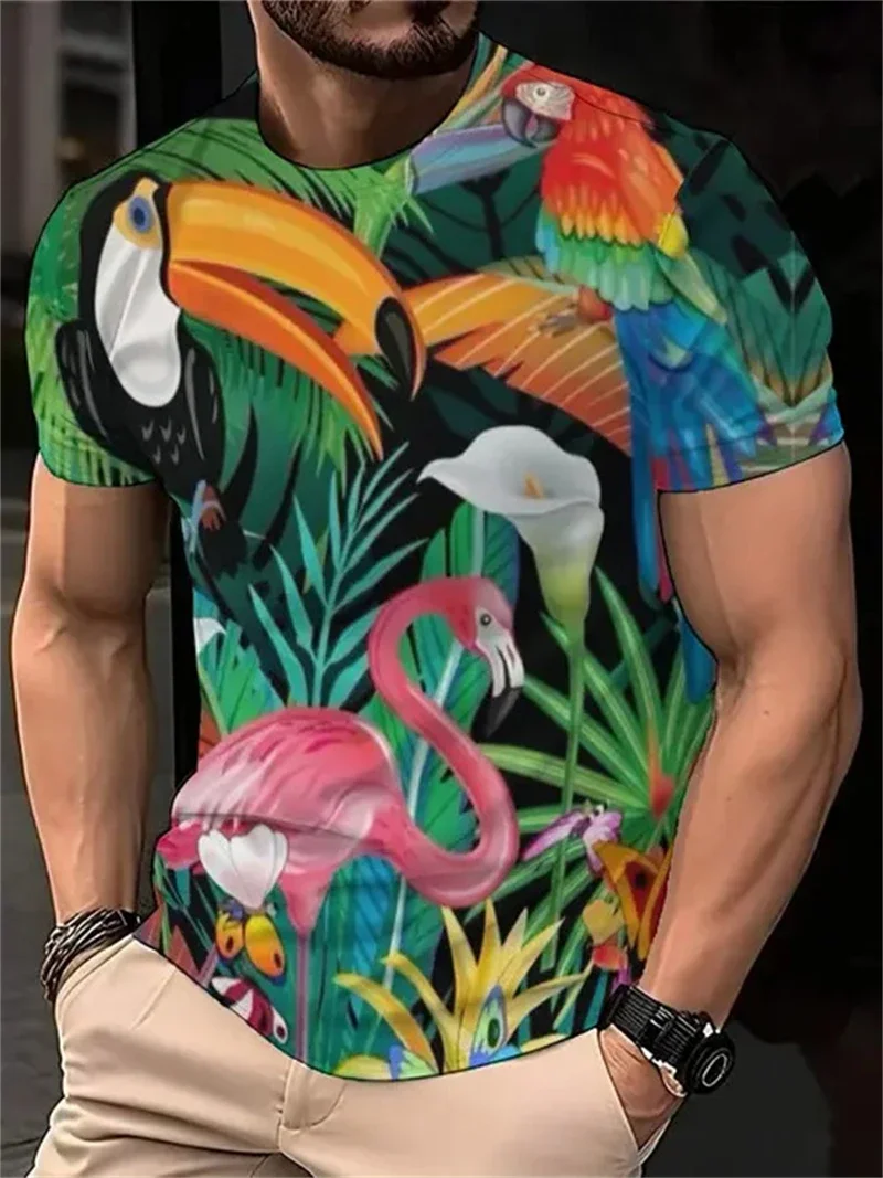 Mens Tropical Flamingo Toucan Parrot Print T Shirt Casual Crew Neck Short Sleeve Summer Tops