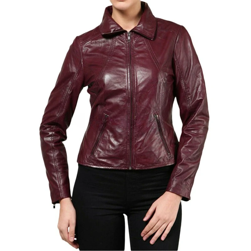 Classic Style Women Genuine Sheepskin 100% Leather Jacket Maroon Motorcycle Coat