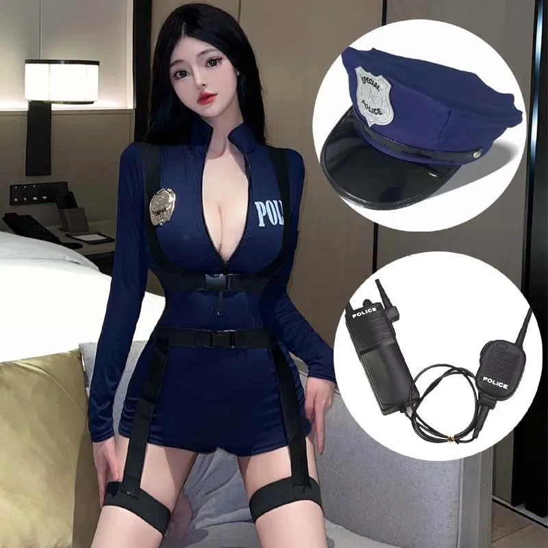 Women Blue Sexy Police Costume Female Cop Officer Uniform Halloween Fancy Party Cosplay Women Jumpsuit Performances Costumes