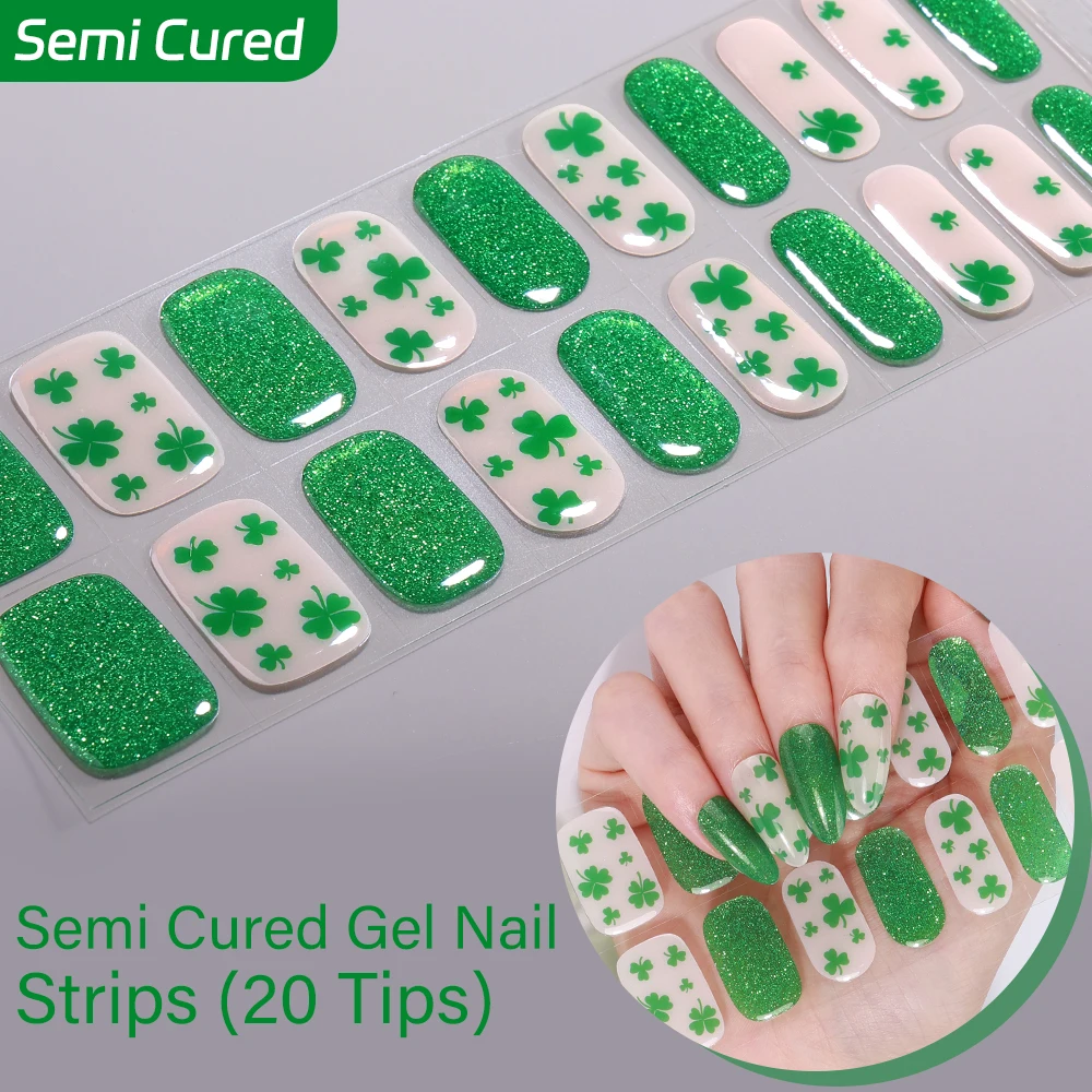 20Tips Clover Semi Cured Gel Nail Stickers Summer Series Flower Nail Art Stickers Self-Adhesive Long Lasting Gel Full Nail Wraps
