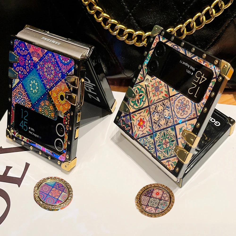 サムスンギャラクシーZフリップ5,3,6,4用の豪華で耐衝撃性の電話カバー,幾何学的なパターン,市松模様のケース
