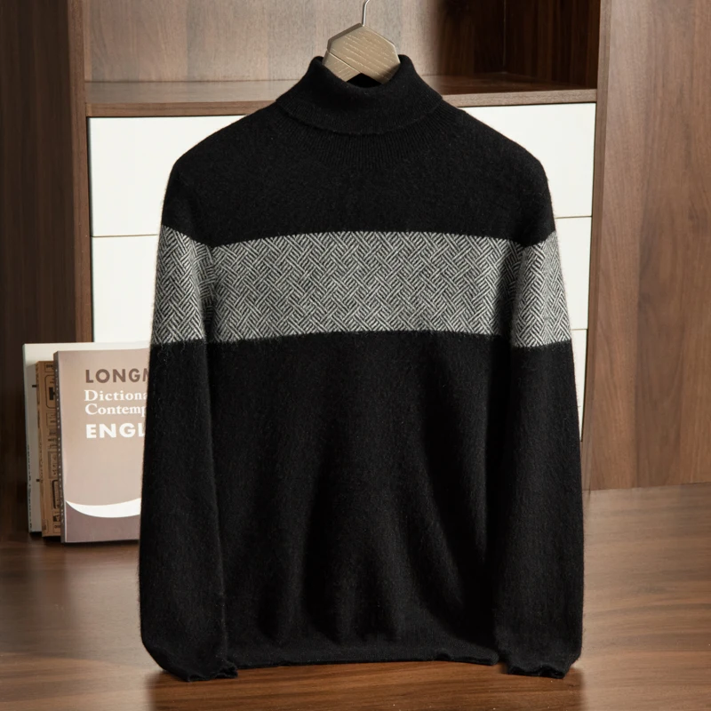 Autumn and Winter New Collection (100% Cashmere) Men's Color blocked High Reverse Collar Versatile Outerwear Casual Sweater for