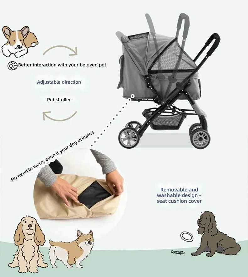 Pet Stroller, Large Space Dog Cat Carrier, Smooth Rolling, Durable Cart, Portable Travel Stroller, Heavy Duty Buggy